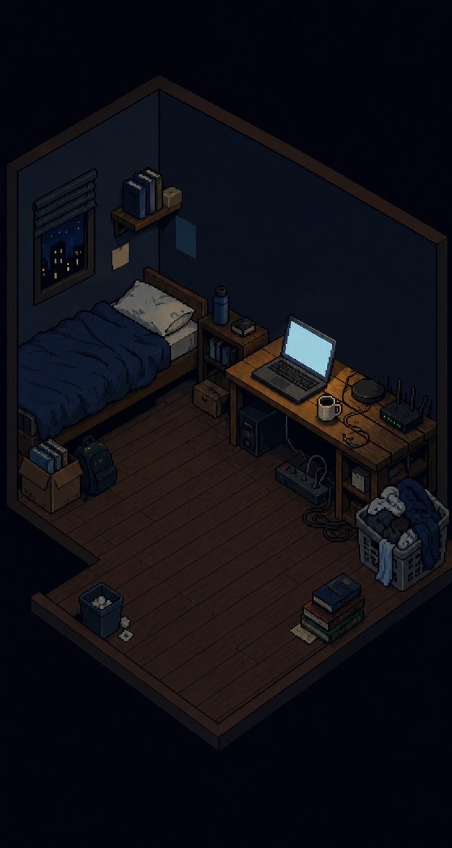 A modest bedroom workspace with a laptop, bed, coffee mug, and router.